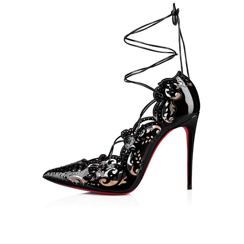 Women's Christian Louboutin Impera 100mm Patent Leather Strappy Heels - Black [4308-571]